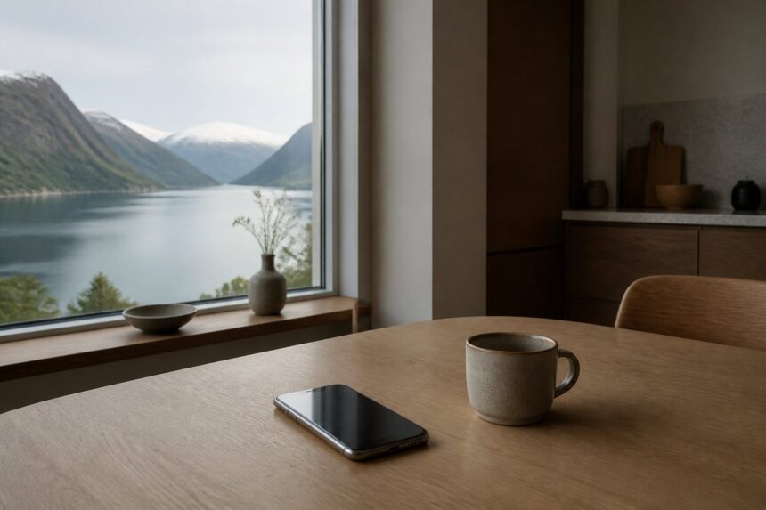 En mobiltelefon med tom skärm på ett köksbord i ett nordiskt hem, med fjordutsikt genom fönstret